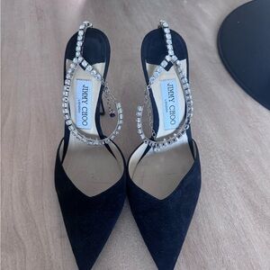 Jimmy Choo Black Suede Pointed Toe Slingback Heels with Crystal Straps